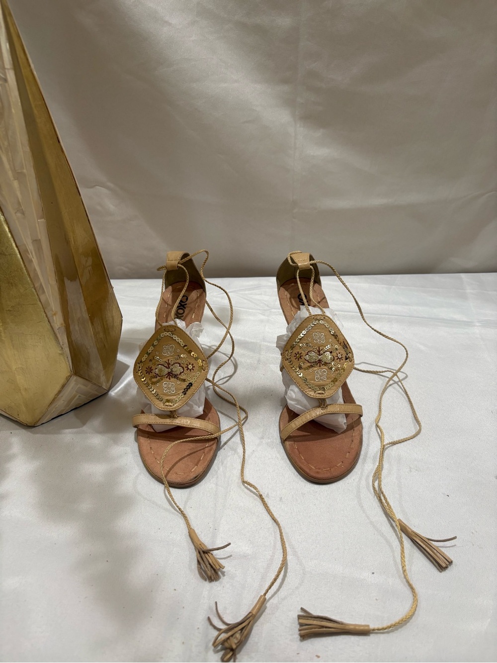 XOXO Embellished Lace-Up Gladiator Sandals Tan Boho Size 8.5